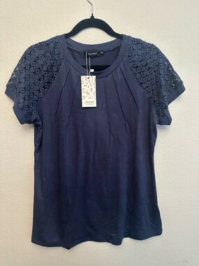 Amazon Navy Short-Sleeve Tee with Lace Shoulders